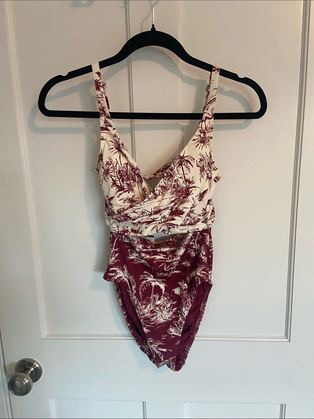 Lands' End Two-Tone Tropical Print One-Piece Swimsuit - Cream & Burgundy